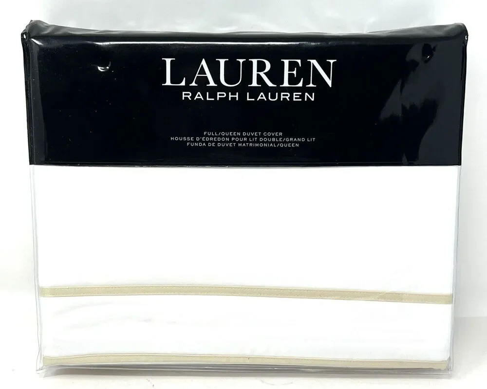 Ralph Lauren Spencer Border Sateen Full Queen Duvet Cover FLAX Tan White NWT New